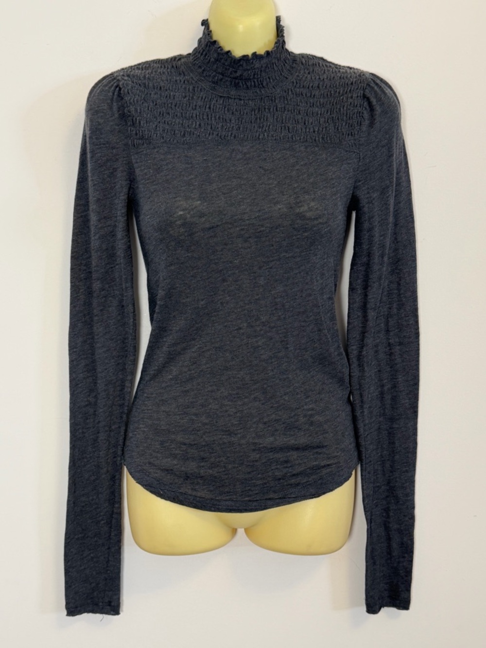 We The Free Charcoal Smocked Mock Neck Long Sleeve Top